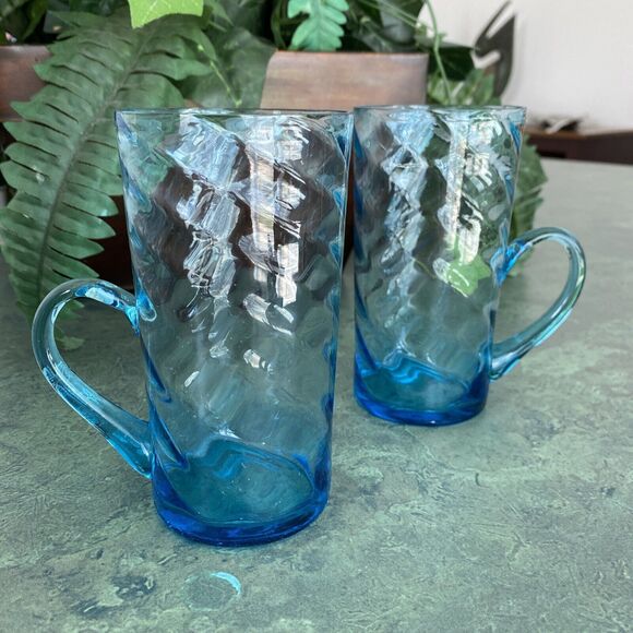 Vintage hand blown blue Irish coffee handled glasses unique swirl display flaws - Picture 1 of 10